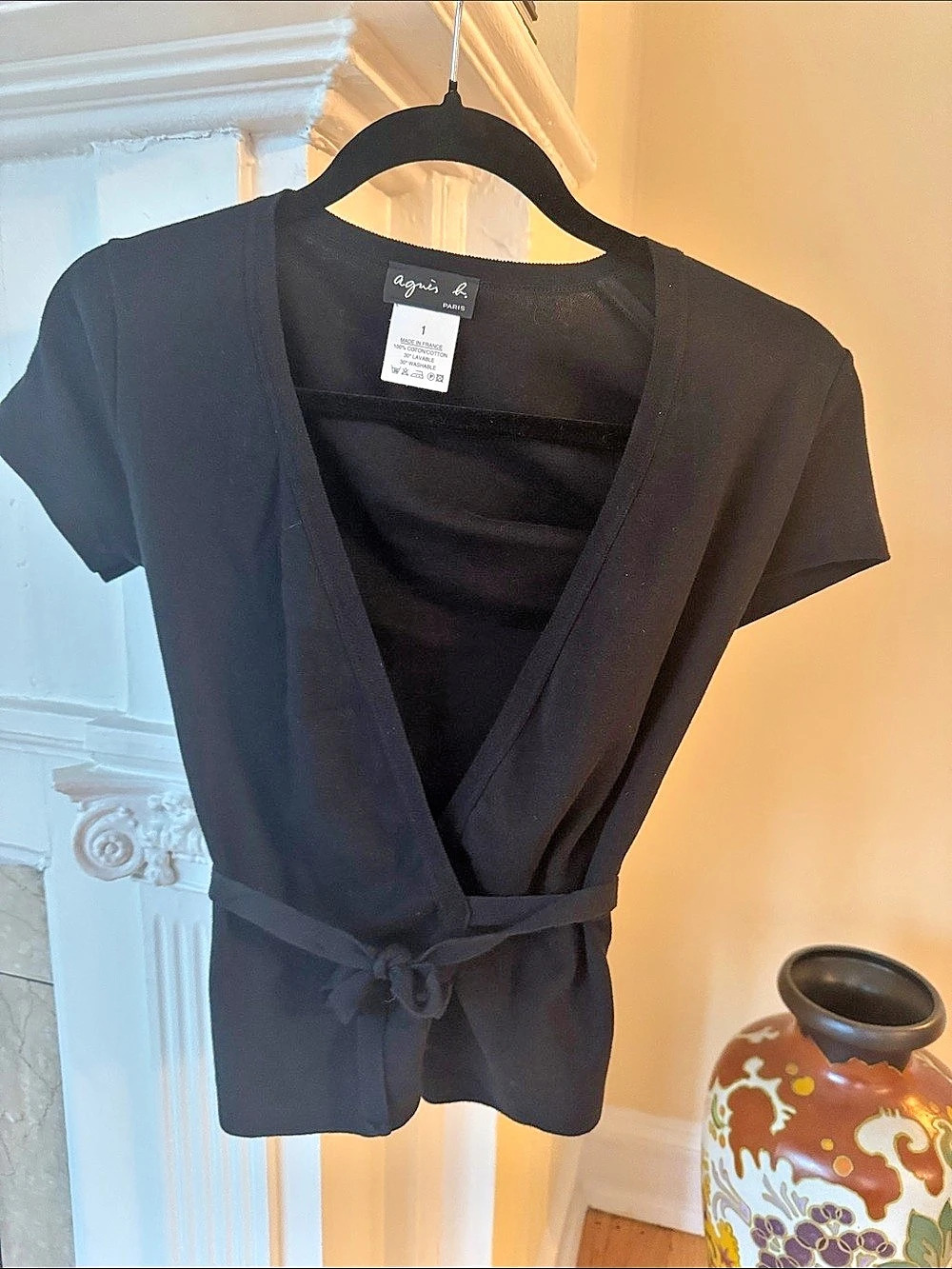 agnès b. Black Wrap V-Neck Cotton Top Size 1 Like New